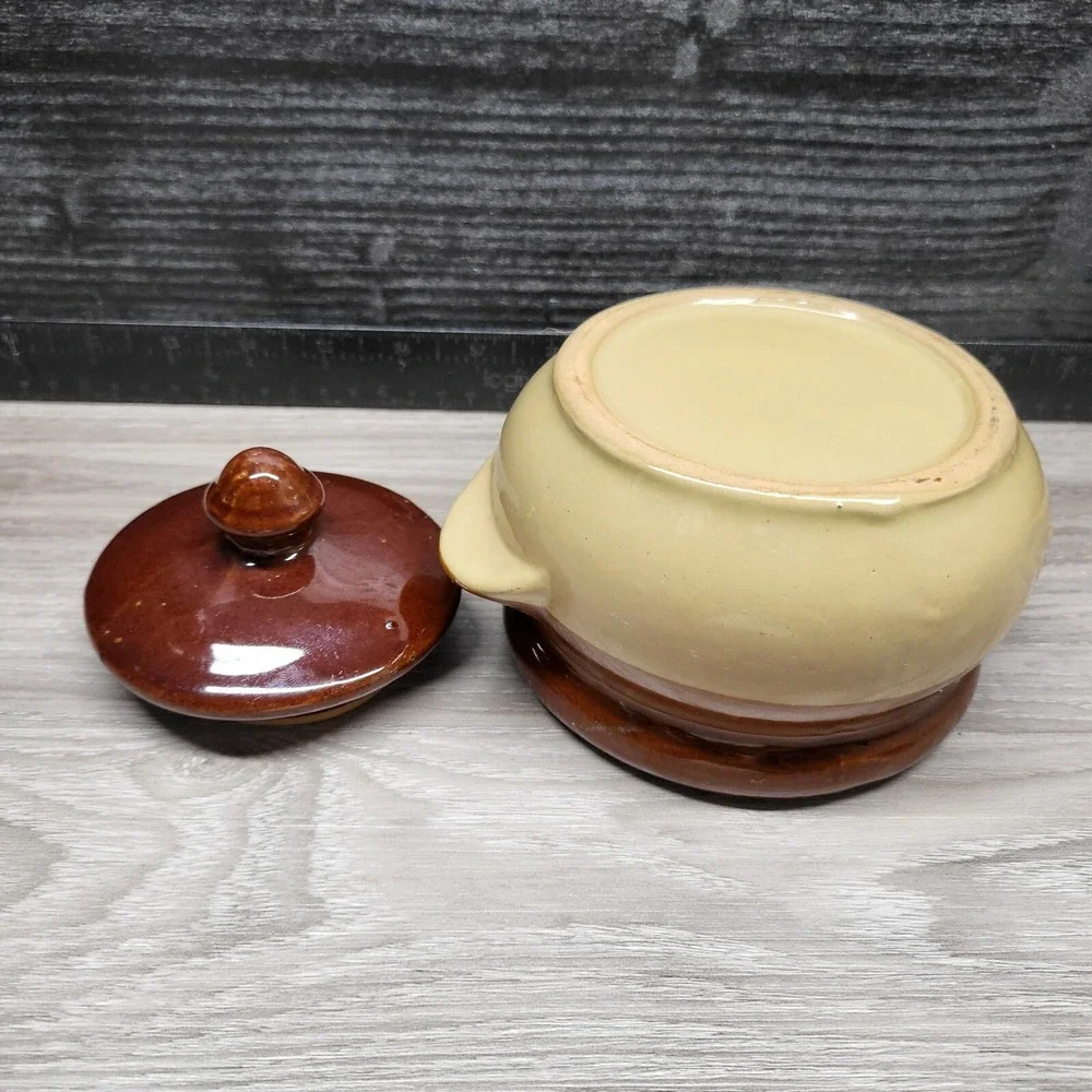 Antique Brown Stoneware Bean Pot with Lid Vintage Ovenware Ramekin 5